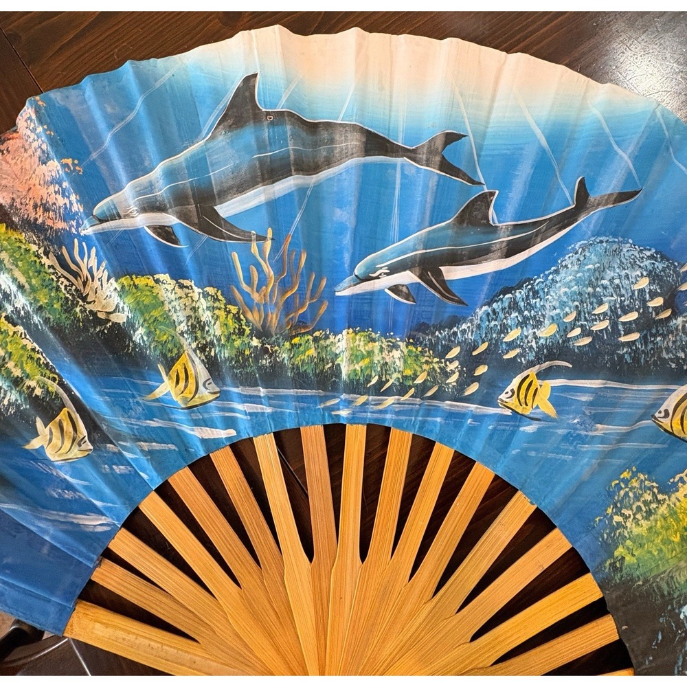 Vintage HandPainted Hawaiian Dolphin Foldable Wooden Fan Wall Art